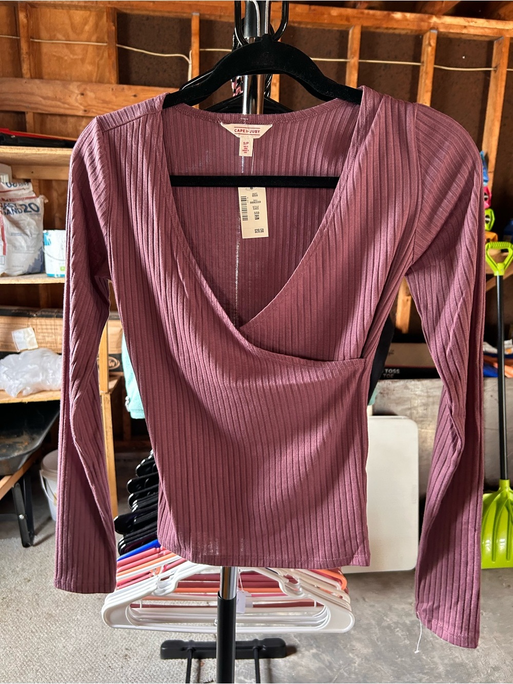 Cape Juby Mauve Ribbed Draped V-Neck Long Sleeve Top